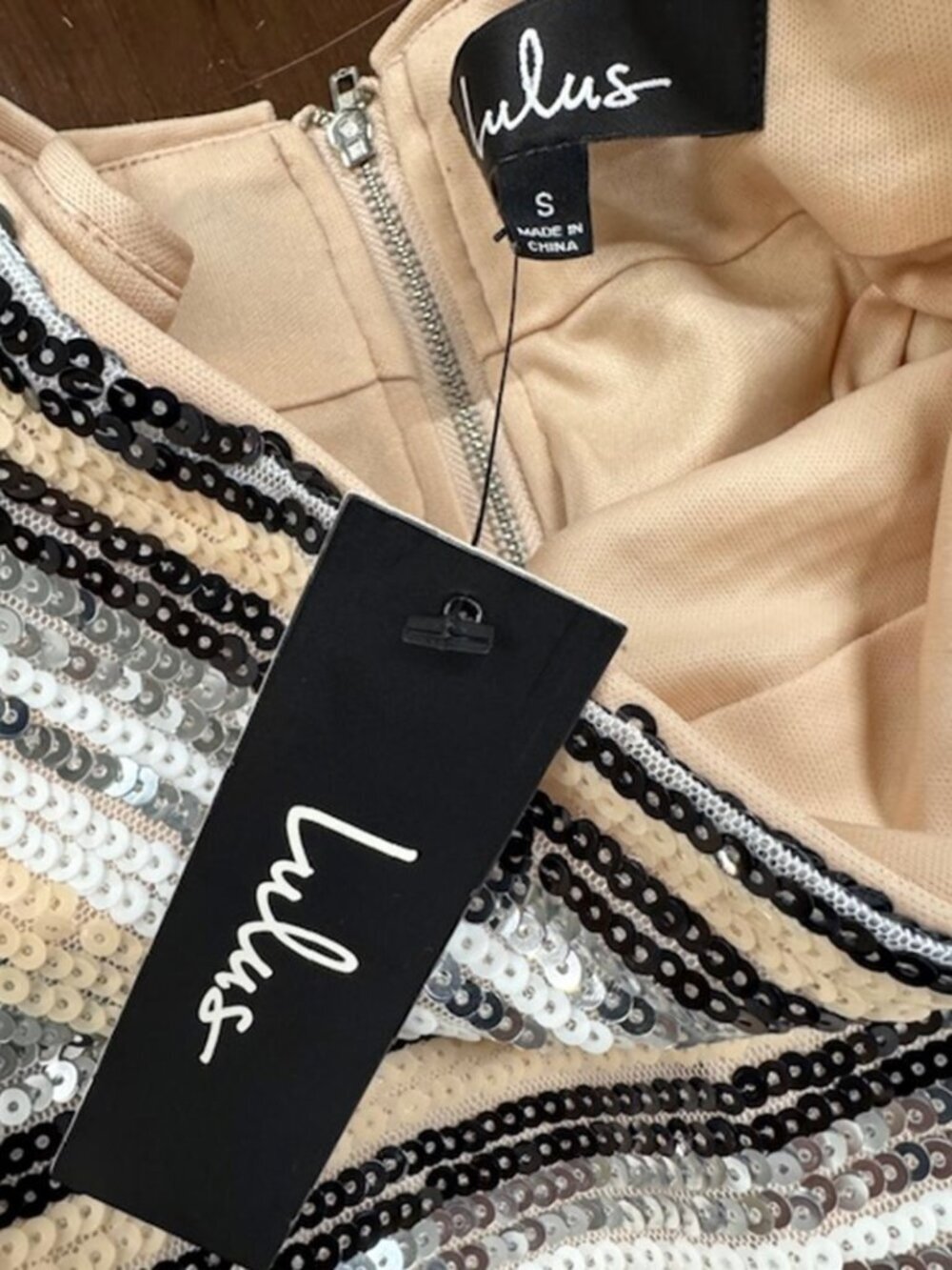 NWT Lulus Lap of Luxury Peach and Silver Striped Sequin Mini Skirt (size S) - Picture 8 of 10